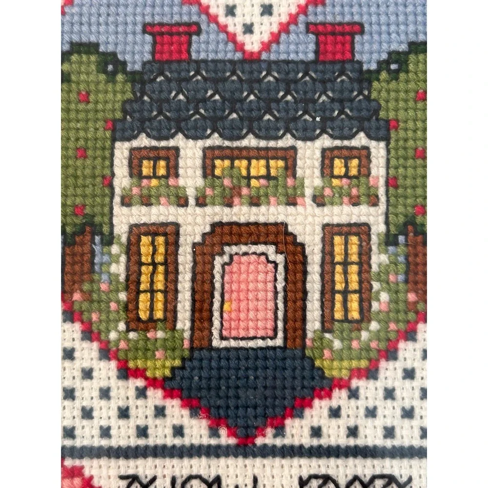 Vintage 1990 Handmade Cross Stitch Framed Wall Art House Blessing Gold Nielsen